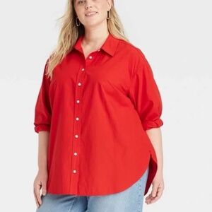 Universal Thread Red Oversized Long Sleeve Collared Button-Down Shirt